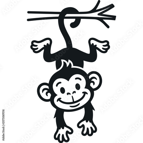 Photography Smiling cartoon monkey hanging from a tree branch.