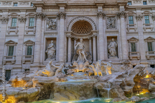 Trevi Fountain, the Baroque fountain in Rome, Italy, at dusk.