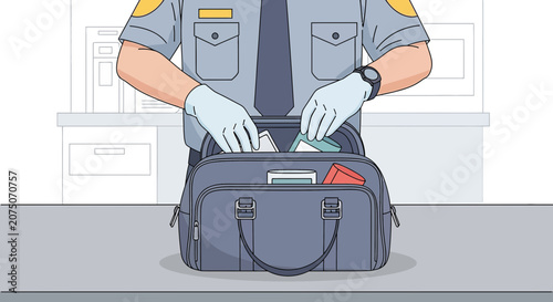 Security officer inspecting bag with gloves, airport or checkpoint concept