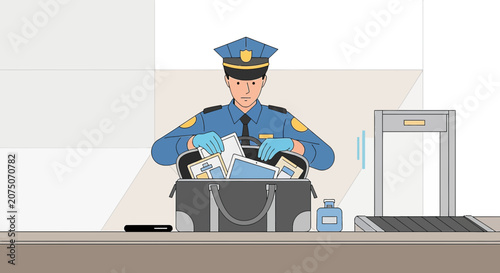 Security Officer Inspecting Luggage at Airport Checkpoint with Scanner