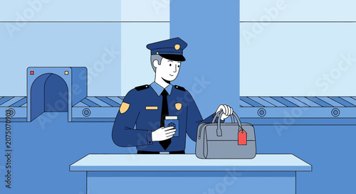 Security Officer Inspects Bag at Airport Scanner - Illustration Style
