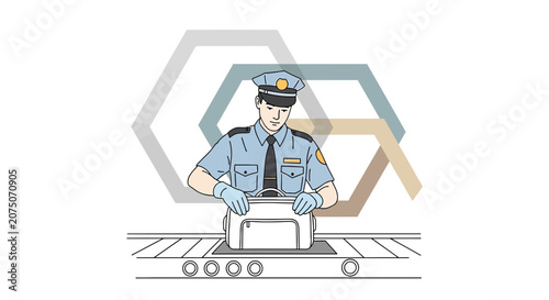 Security officer inspects bag on conveyor belt, airport security concept illustration