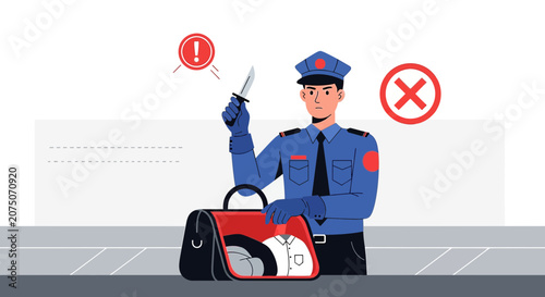 Security officer inspects bag, detecting prohibited items with warning signs.
