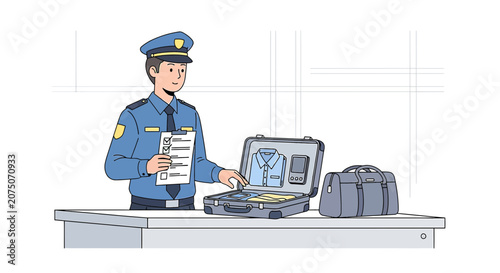 Security Officer Inspects Open Suitcase with Clothing and Luggage