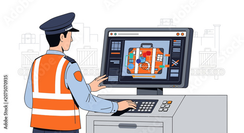 Security Officer Inspects Luggage Scan on Computer Screen