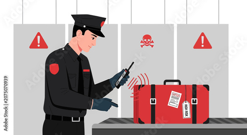 Security Officer Inspects Luggage at Airport X-ray Scanner