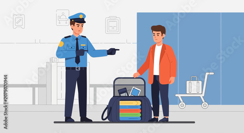 Security officer inspects traveler's open bag at airport security checkpoint