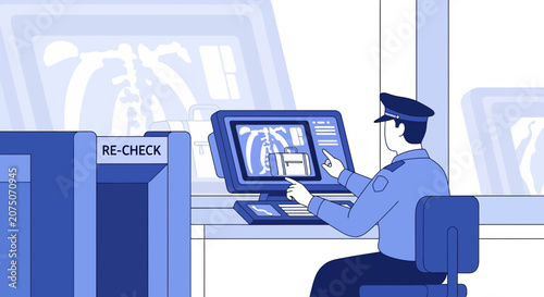 Security Officer Inspects X-ray Scan of Luggage at Checkpoint