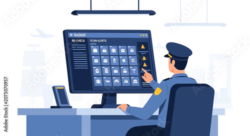Security officer monitoring airport baggage screen on computer interface