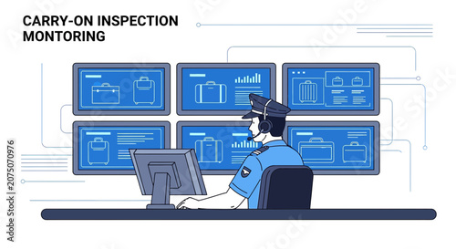 Security officer monitoring carry-on luggage screens at airport surveillance center