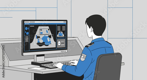 Security officer monitoring surveillance screen, digital control panel, modern technology