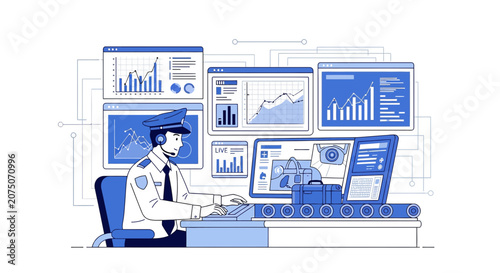 Security Officer Monitoring Surveillance Screens, Data Analysis, Airport Security Concept