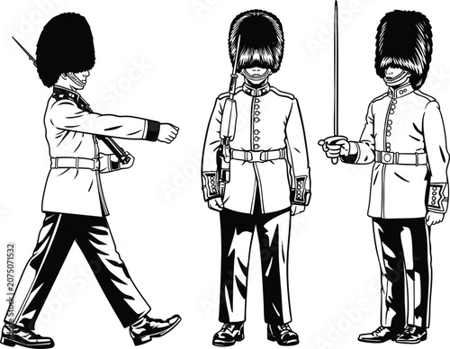 Konstfotografi Black and white detailed hand-drawn line art illustration of a marching British