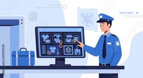 Security Guard Checks Airport Baggage Scan Display - Travel Safety Concept