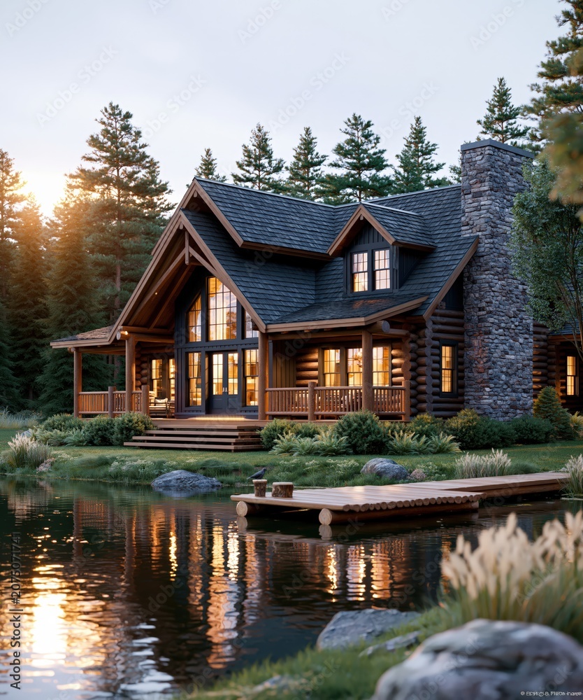 Fototapeta premium Log cabin lake house with private dock, golden light reflecting on water, cozy forest retreat