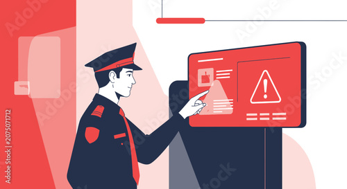 Security Guard Interacting with Digital Warning Screen, Uniformed Officer on Duty
