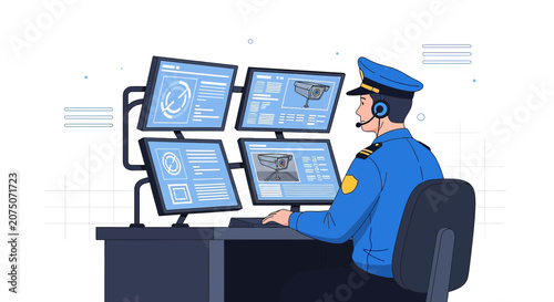 Security Guard Moniroting Multiple Screens in Control Room