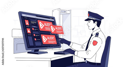 Security guard monitoring alerts on computer screen, digital warning concept