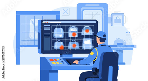 Security Guard Monitoring Luggage Scans on Computer Screen - Airport Concept