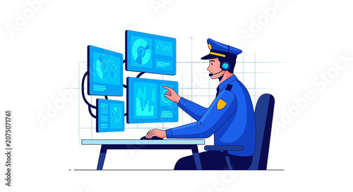 Security Guard Monitoring Multiple Screens at Control Room