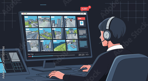 Security Guard Monitoring Multiple CCTV Camera Feeds on Computer Screen
