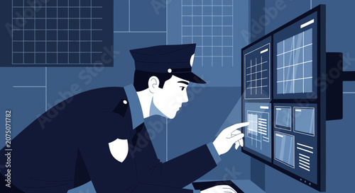Security Guard Monitoring Surveillance Screens with Data Visualizations