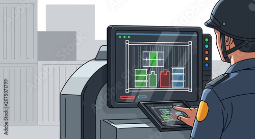 Security Guard Monitors Cargo System on Computer Screen and Tablet