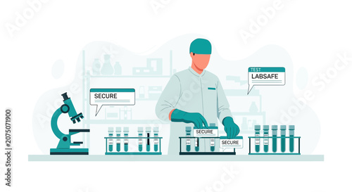 Scientist working in lab with test tubes and microscope, secure research