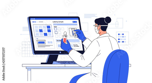 Scientist in laboratory working on computer, conducting research, analyzing data