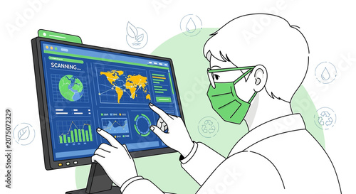 Scientist in Mask Analyzing Global Data on Computer Screen | Future Tech
