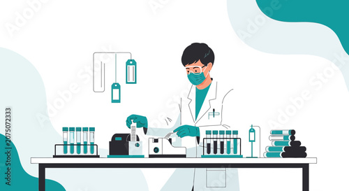 Scientist in mask working with test tubes and equipment in lab research