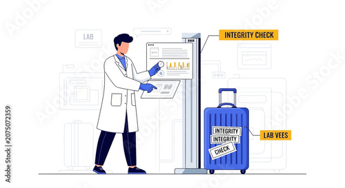 Scientist Integrity Check at Airport Security Scanner with Luggage