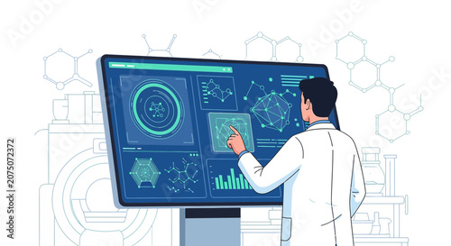 Scientist interacts with futuristic holographic data display, technology and research