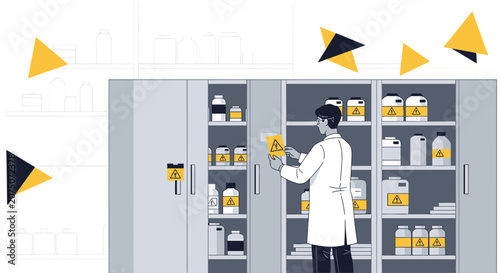Scientist Labeling Chemical Storage Cabinet with Hazard Symbols
