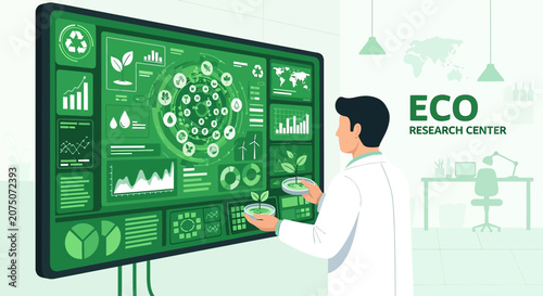 Scientist near eco research center screen with environmental data and plant growth