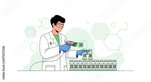 Scientist scanning vaccine vials with QR code, healthcare, pharmacy, laboratory research