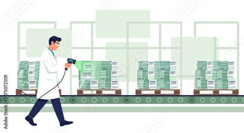 Scientist Scanning Packages on a Conveyor Belt in a Warehouse