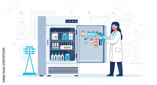 Scientist storing samples in a laboratory refrigerator. Medical research.