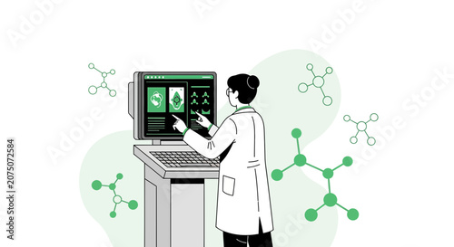 Scientist using computer for molecular research, displaying atomic structures