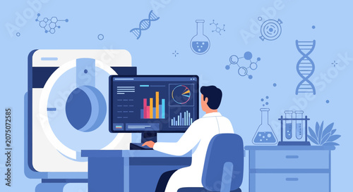 Scientist using MRI machine and computer for medical research, technology concept