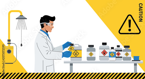 Scientist With Hazardous Chemicals Under Safety Shower and Warning Signs