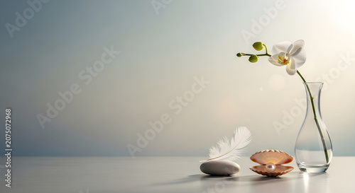 Elegant still life composition featuring a white orchid in a glass vase, a feather, and a pearl in a shell