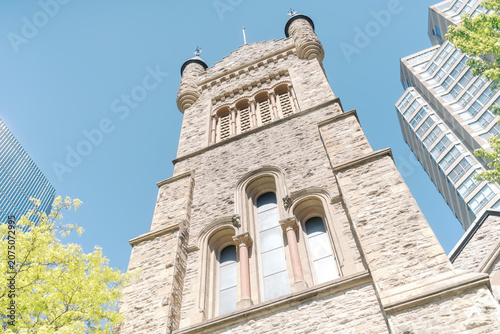 Photography St Andrews Presbyterian Church Historic Stone Tower and Modern Skyscrapers