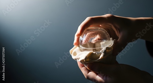 Close up of hands holding a glass cup with water droplets, cupping therapy concept, health and wellness