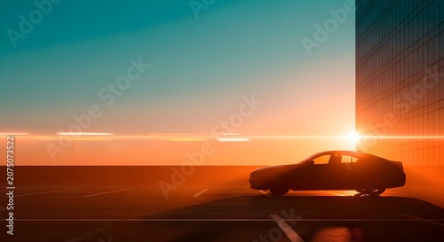 Silhouette of a car parked in a parking lot with a modern building and sunset in the background