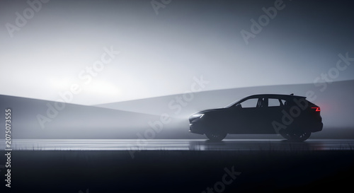 Silhouette of a modern car driving on a road at night with headlights on and taillights glowing