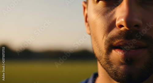 Close-up of a man's face with a beard, lit by golden sunlight, outdoors, with a blurred background