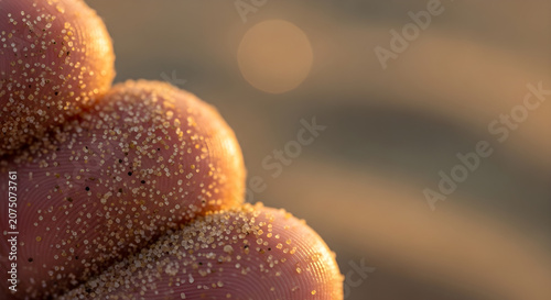 Close up of fingers covered in sand with a blurred background of a warm, golden light, beach