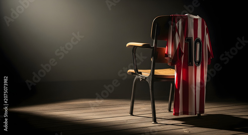 Soccer jersey with number 10 hanging on a wooden chair with a dark background and dramatic lighting