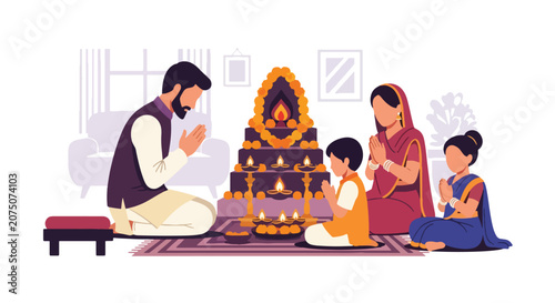 Tableau sur toile Flat style vector illustration of a Hindu family performing traditional home puja with sacred fire, diyas and prayer